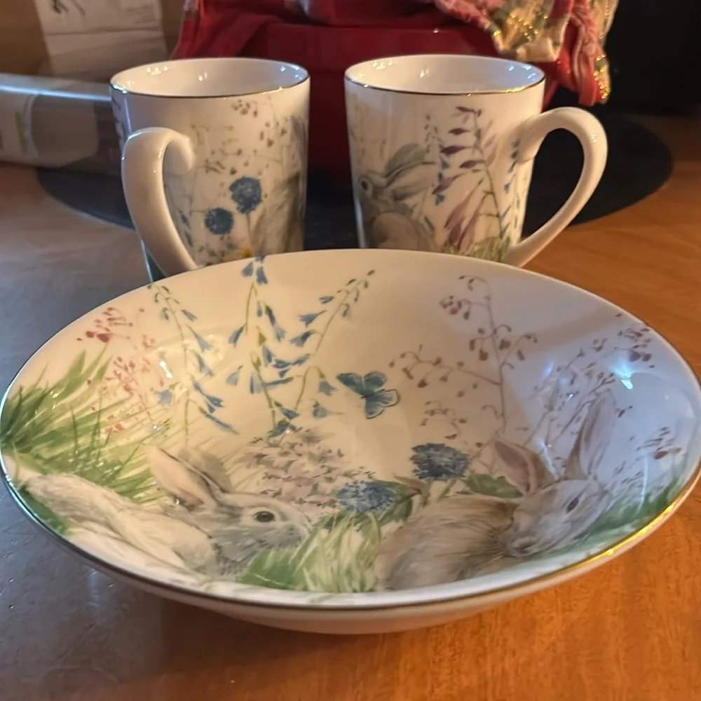 WILLIAMS-SONOMA Floral Meadow Bunny Rabbits Easter Round Soup Bowl 9